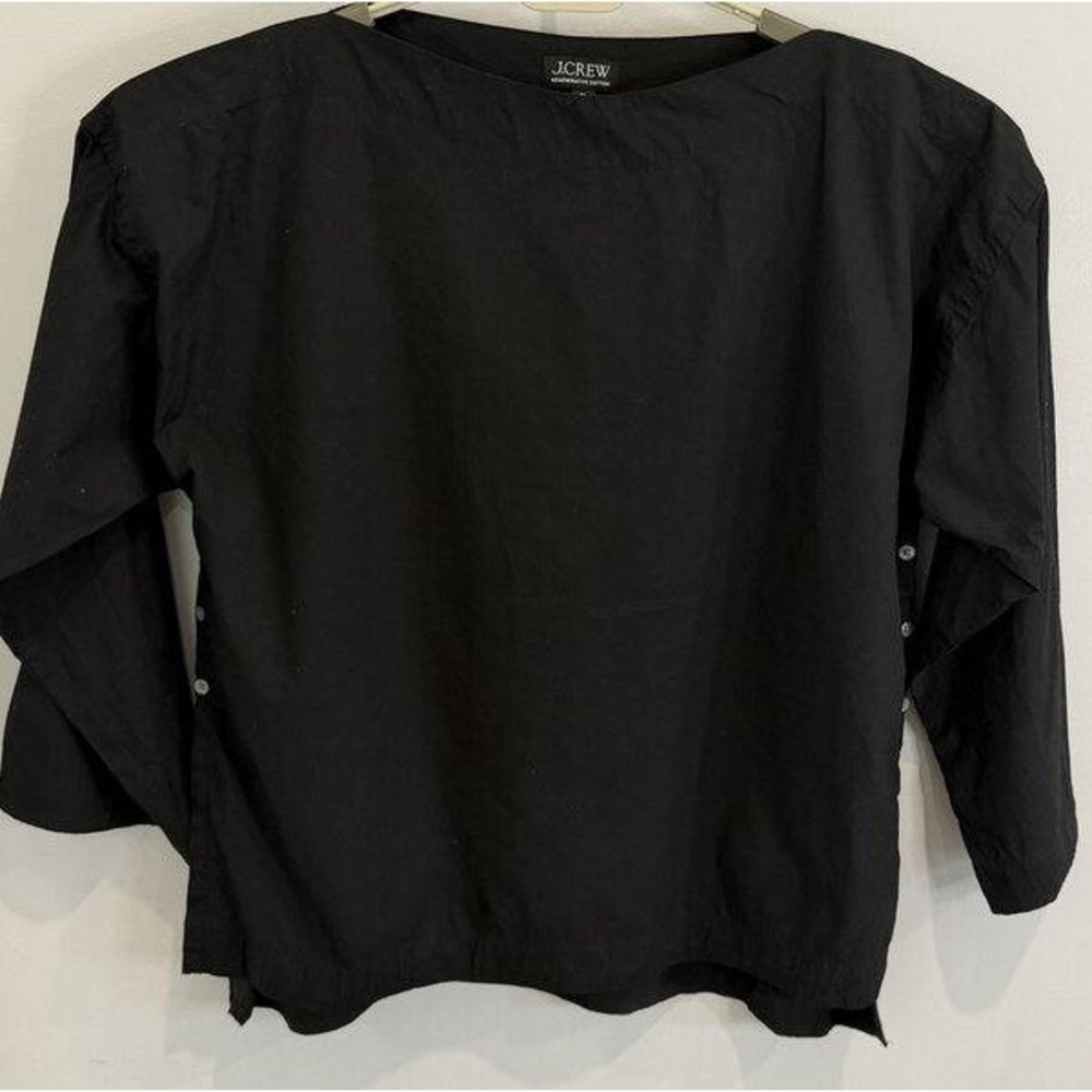 J Crew Ciel Top Regenerative Cotton Poplin Shirt Black Button Trim Long Slv XL